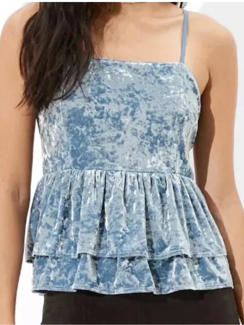 • American Eagle Outfitters Blue Crushed Velvet Tiered Cami Top
